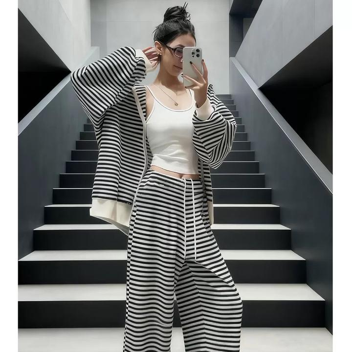 慵懒风条纹卫衣套装女秋季新款休闲宽松运动连帽外套阔腿裤两件套