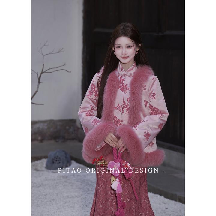 杜屁屁桃PITAO 原创【蝶恋花】冬季新中式压花绒面90白鸭绒羽绒服