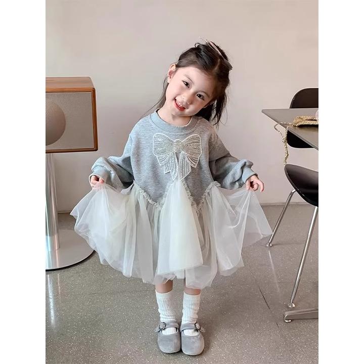 女童春秋连衣裙2025新款儿童卫衣裙子女孩亮片纱网拼接洋气公主裙