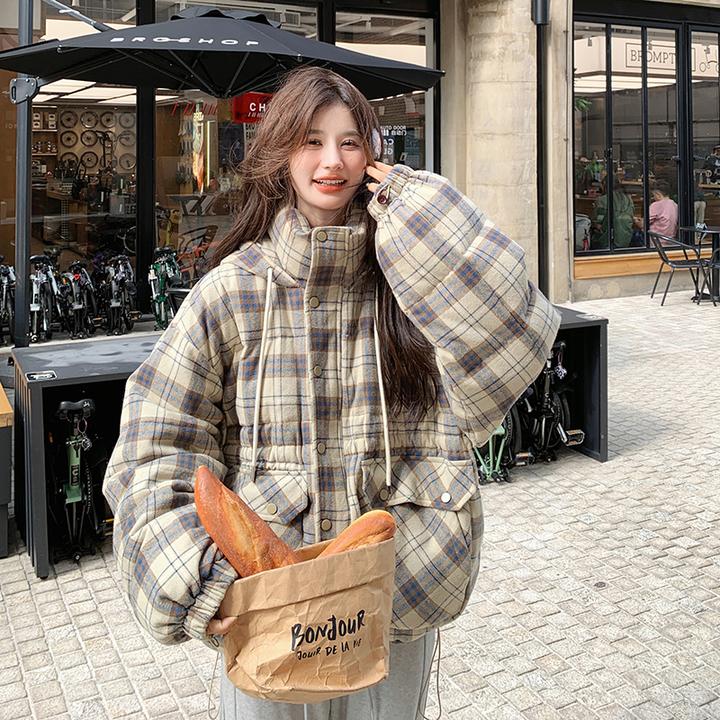 格纹设计感连帽羽绒服女短款2024冬季小个子保暖加厚白鸭绒外套