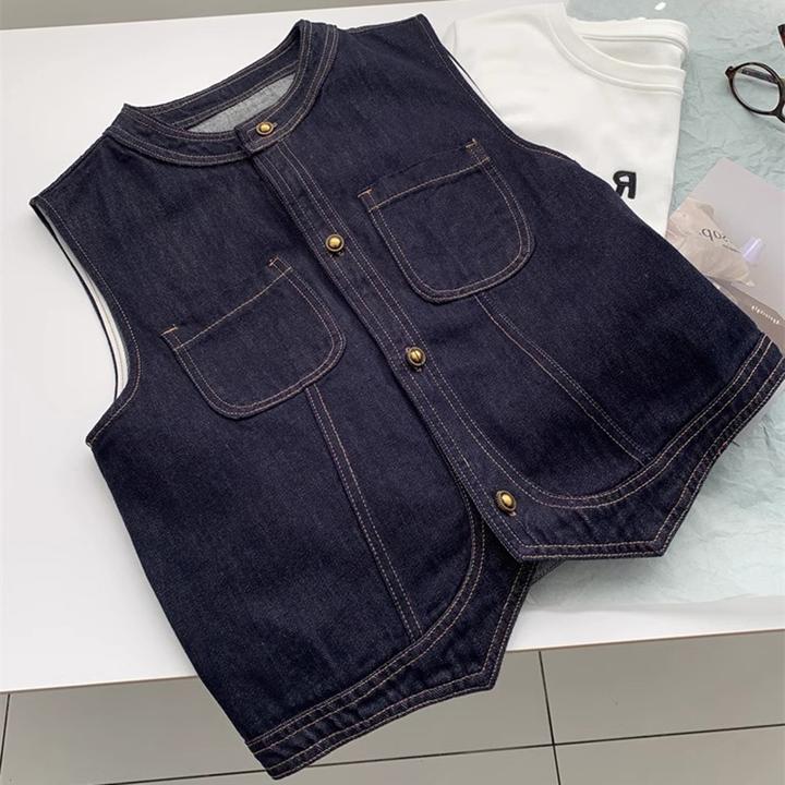 复古圆领牛仔马甲女款春夏薄款背心外搭小个子休闲坎肩百搭上衣潮