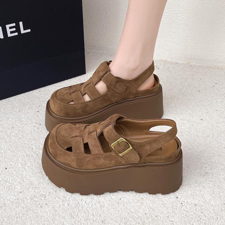 厚底7厘米勃肯鞋镂空洞洞鞋2025新款夏季玛丽珍单鞋包头罗马凉鞋