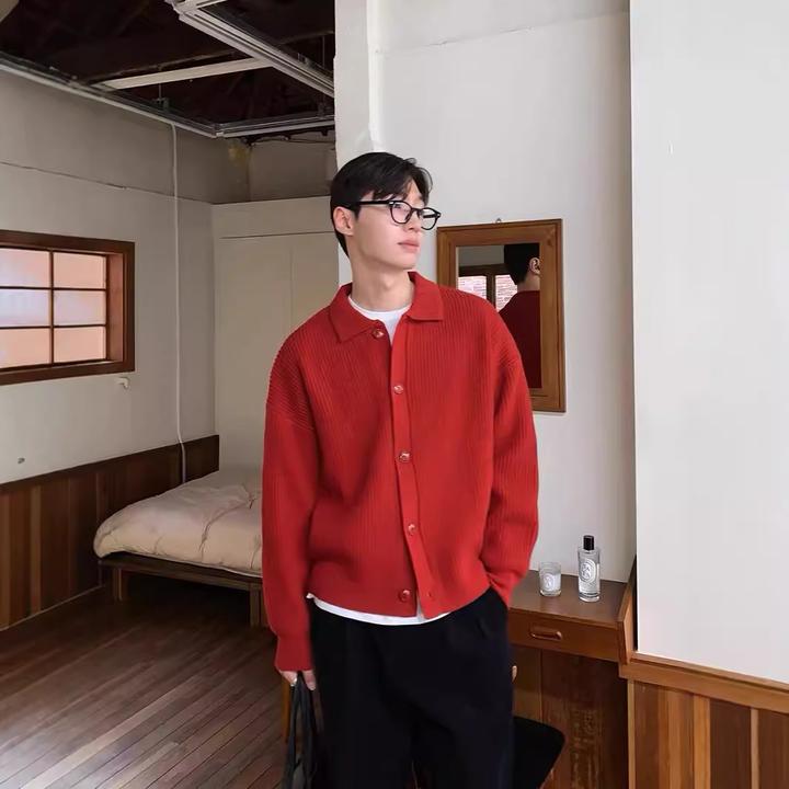 仓石一树潮牌冬季翻领红色毛衣男款韩版潮流慵懒风休闲百搭针织衫