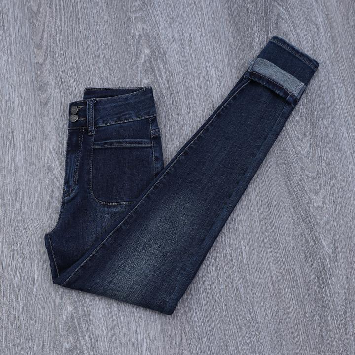 复古蓝紧身小脚牛仔裤女2024年秋冬季高腰双扣设计弹力修身铅笔裤