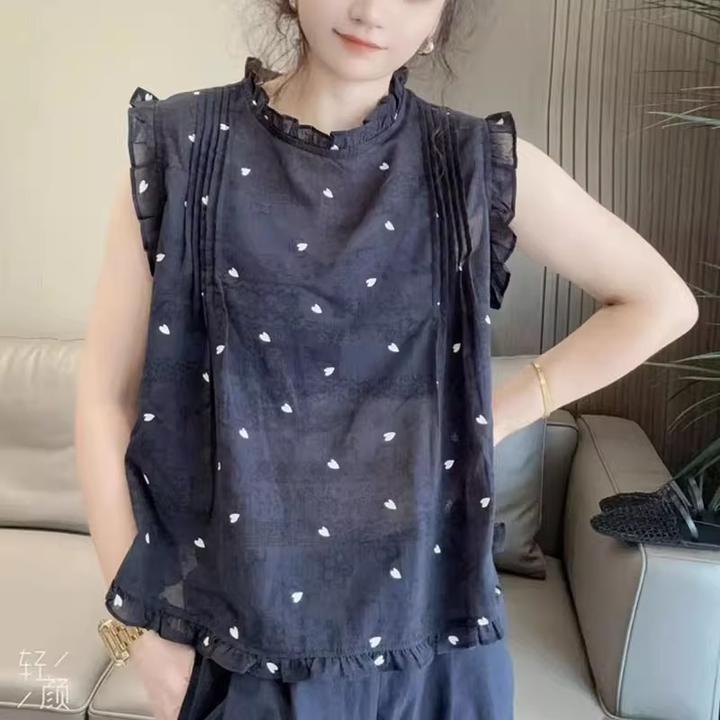 木耳花边领无袖衬衫女2025夏季新款韩版时尚爱心宽松洋气百搭上衣