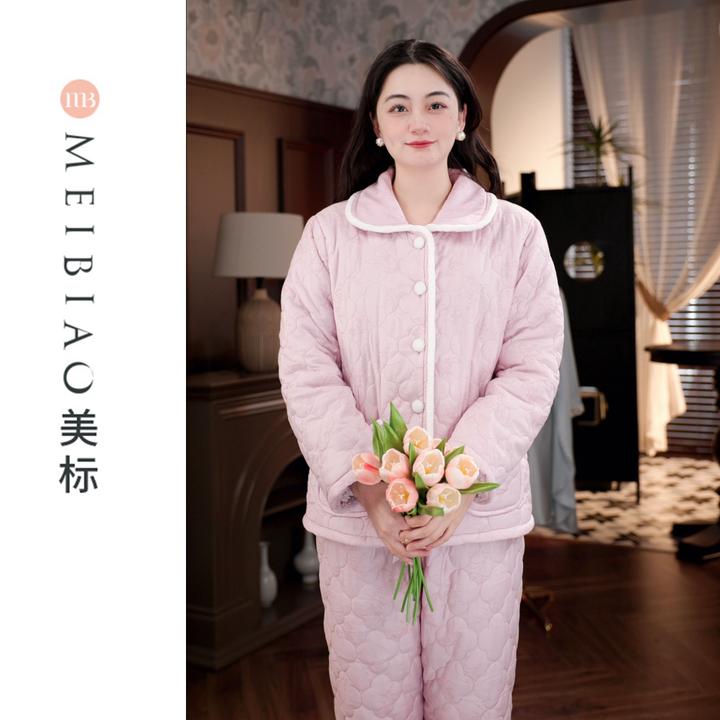 美标冬季加厚夹层女磨毛夹棉绣花保暖家居服睡衣套装300125