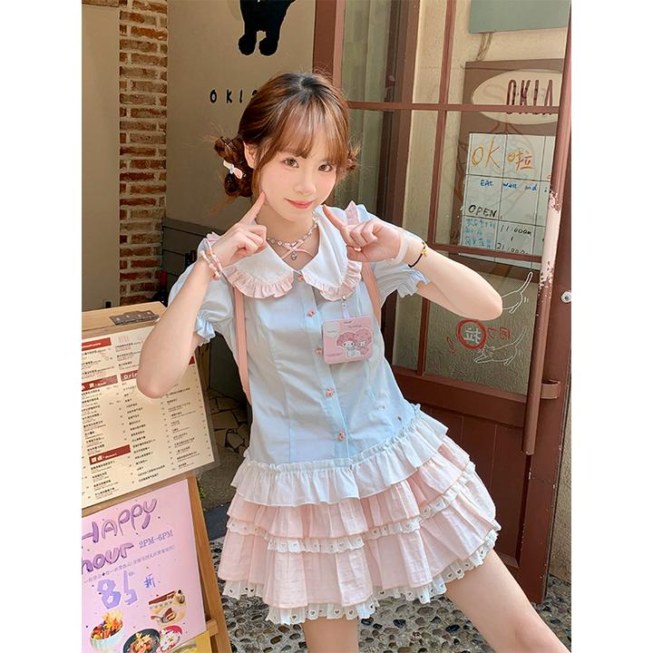 兔兔学院【套装】sinsingirl原创 奶蓝撞粉色短袖衬衫半身裙套装