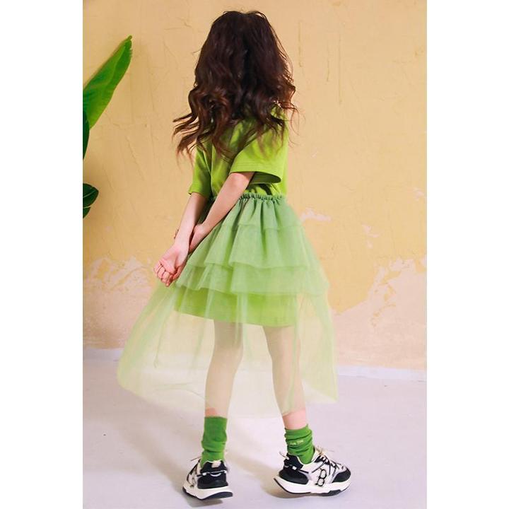 戴维贝拉新款小学生夏季连衣裙女童长裙休闲短袖圆领蛋糕裙绿色纱