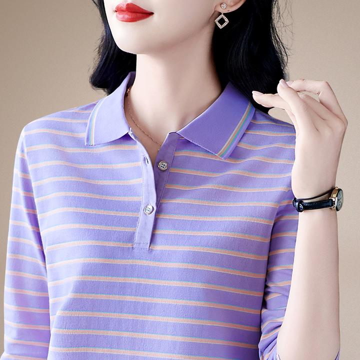 时尚短袖条纹长袖女春秋2025新款妈妈恤打底衫时尚衫百搭上衣翻领