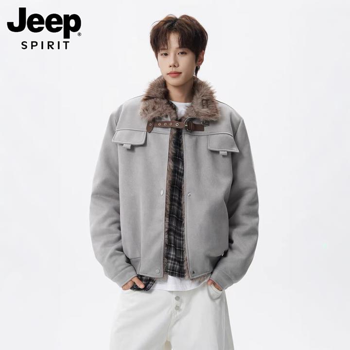 JEEPSPIRIT美式座山雕毛绒翻领棉衣男冬短款加绒保暖棉服休闲外套