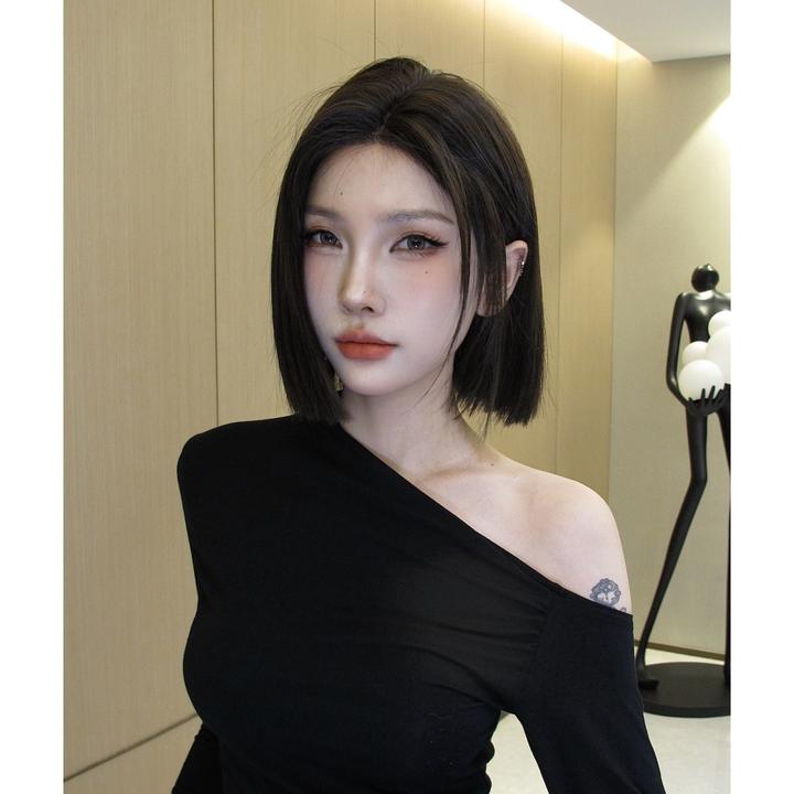 美宿【新闻女王】一刀切假发短发气质自然前额蕾丝中分假发女全头套