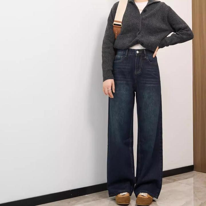 蓝灰色高腰直筒牛仔裤女秋季新款美式复古大码胖mm宽松显瘦阔腿裤