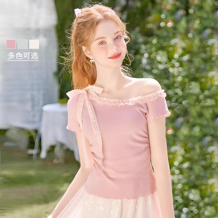 夏季新款少女风甜美粉色收腰短袖上衣女设计感小众露肩绑带针织衫