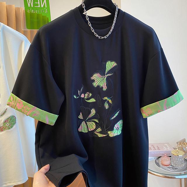 特大码300斤荷塘月色刺绣短袖t恤女夏季宽松爆款冷淡系高级感上衣