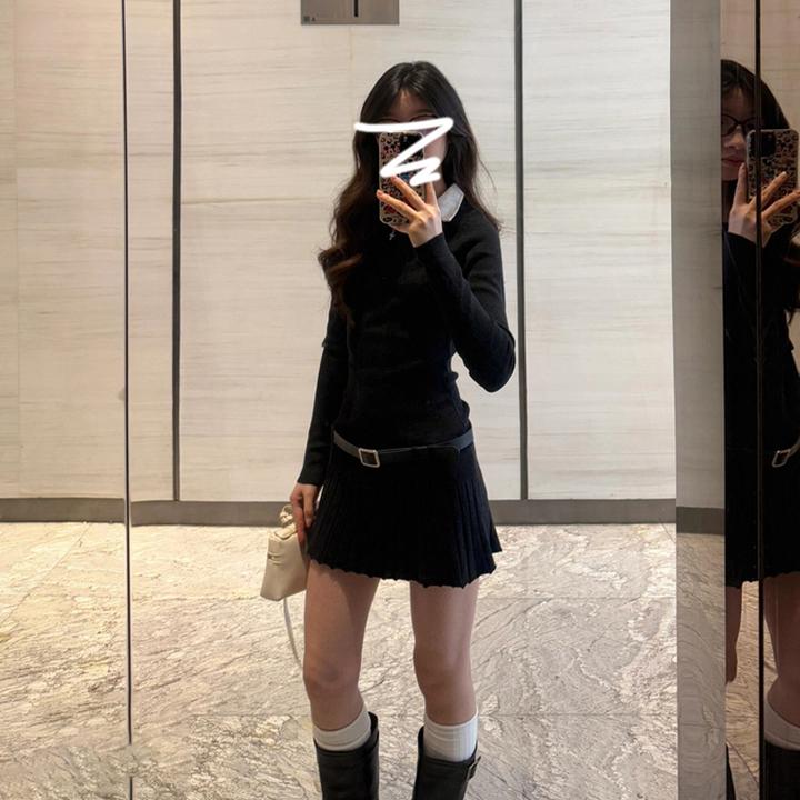 大码设计感假两件针织连衣裙女秋冬新款修身显瘦辣妹A字百褶短裙