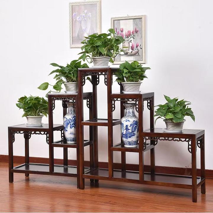 新中式高档实木花架子室内家用多层绿萝客厅榆木置物架连体花架