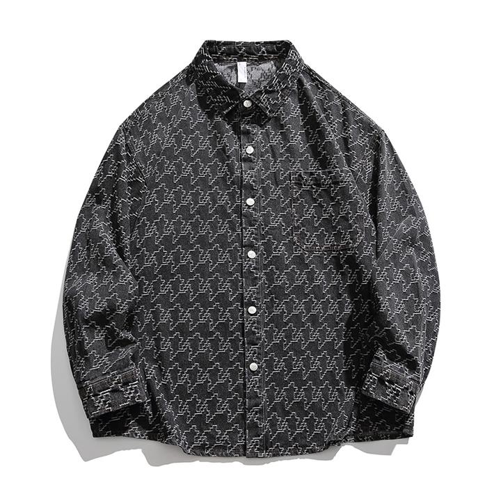 日系复古提花水洗牛仔长袖衬衫男2023秋款