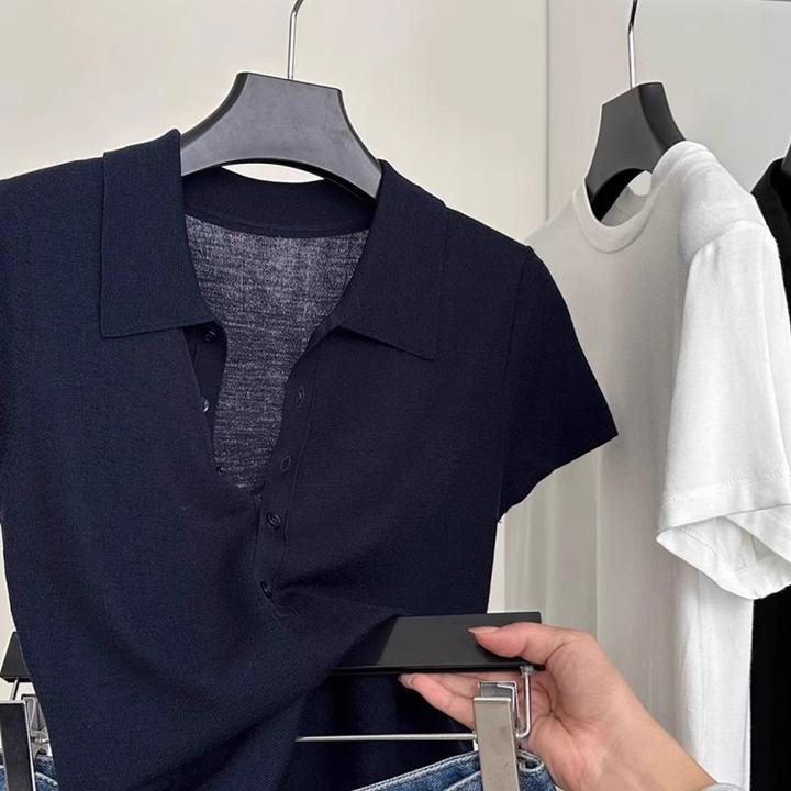 藏青色半系扣POLO领冰丝针织短袖女夏季法式气质百搭t恤上衣