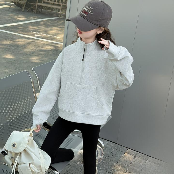 女童卫衣春秋6-12岁潮款洋气儿童时髦上衣春季大童半拉链立领衣服