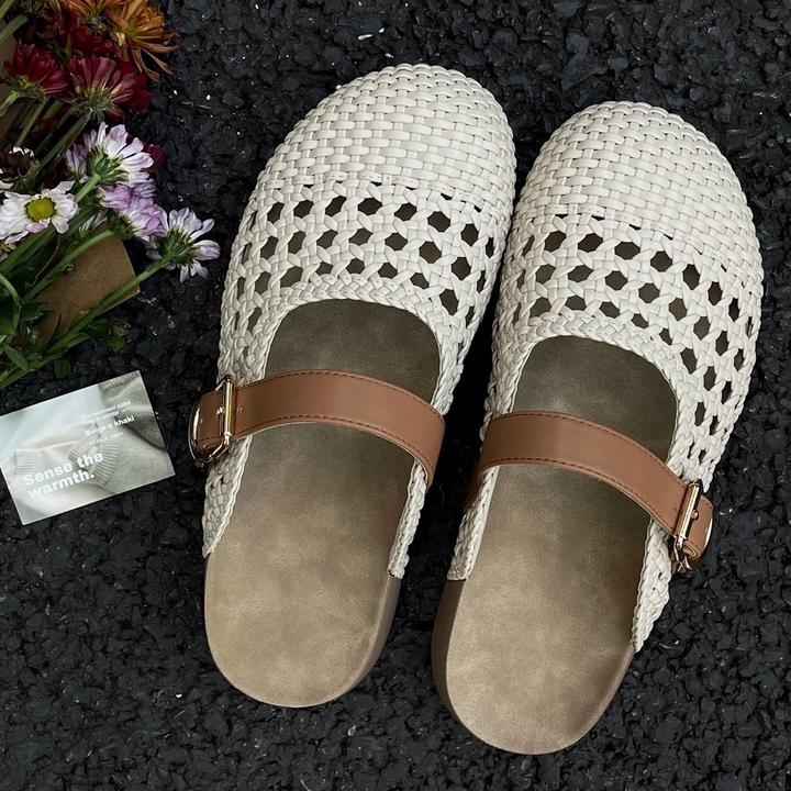 夏季新品！手工编织包头凉鞋女2025新款外穿半拖厚底复古镂空拖鞋