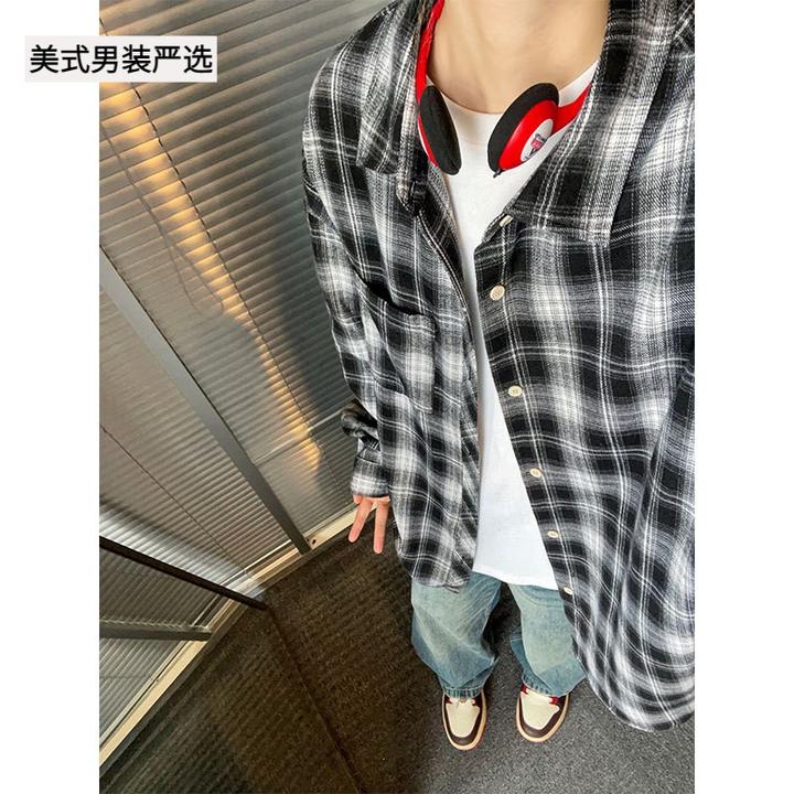 藏青色格子衬衫男2025新款春季高级感痞帅美式复古青少年外套大码