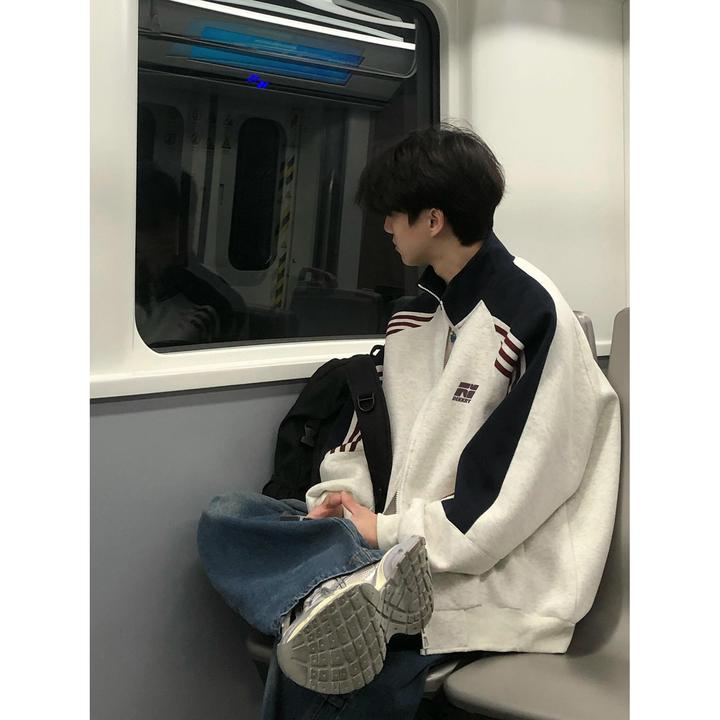 美式潮流ins风字母印花撞色三条杠立领开衫外套男女秋冬休闲卫衣