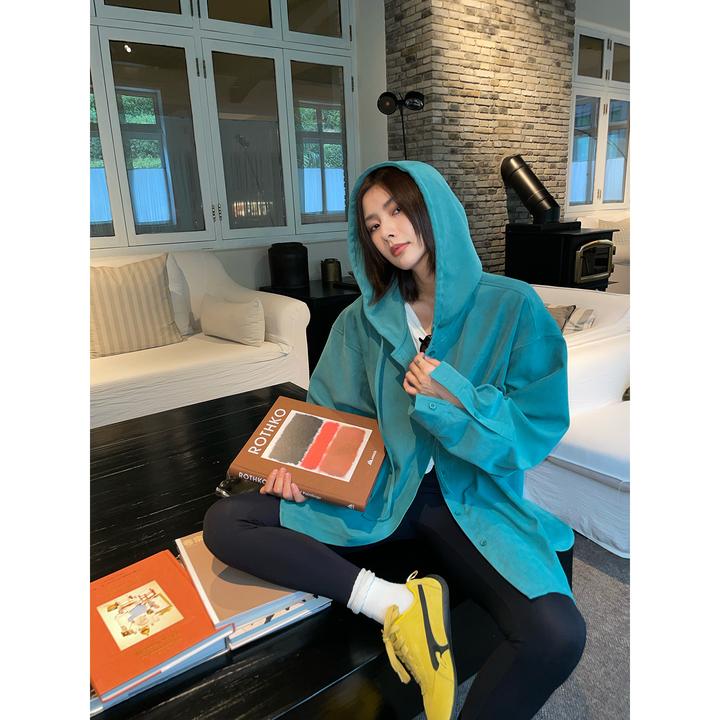 JCCC影子【琥珀/久木红】两色绒感连帽廓形长袖衬衫/外套JE5AAC16