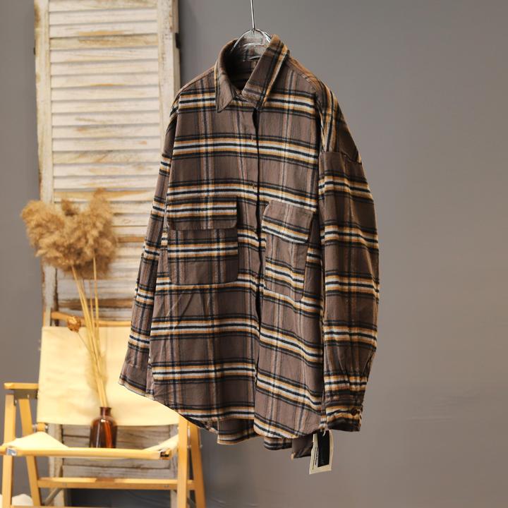 2025年新品秋款磨毛日系复古格子宽松衬衫通勤文艺麻味衬衣男友风