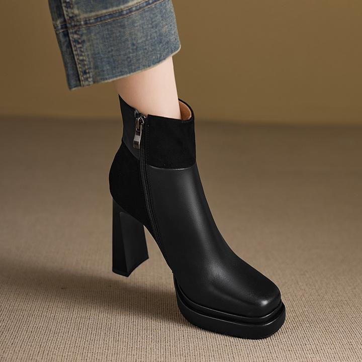 10.5cm小个子防水台超高跟时装靴方头粗跟真皮短靴侧拉链短筒单靴
