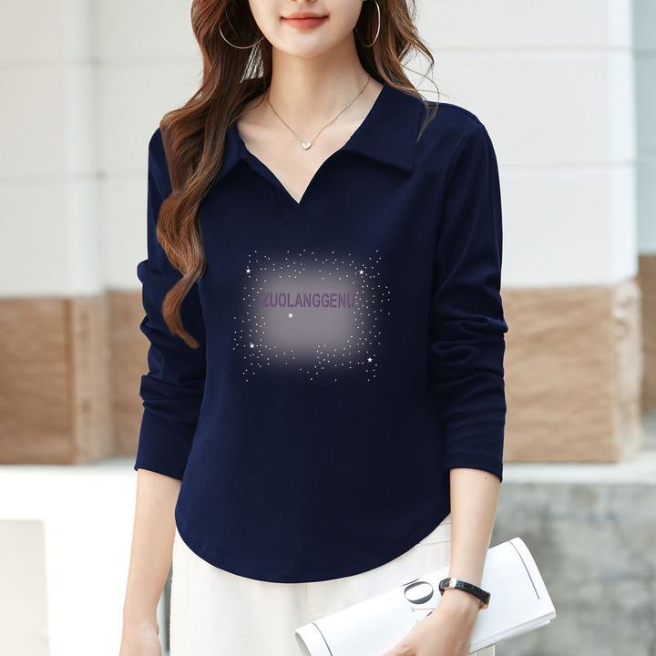 春秋季女POLO衫不规则下摆韩系翻领T恤100%纯棉气质时尚印花胖mm