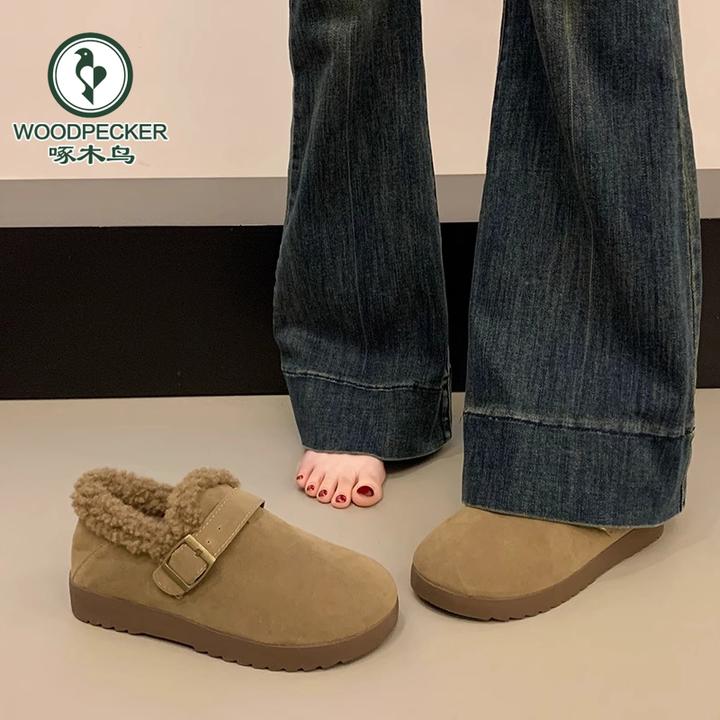 啄木鸟加绒勃肯鞋女2024冬季新款保暖雪地靴孕妇软底豆豆乐福棉鞋