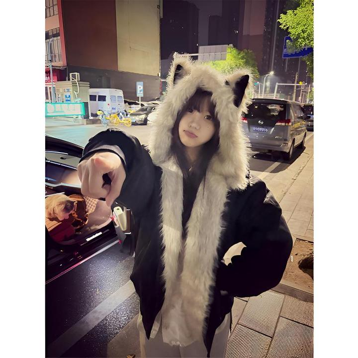 美式复古座山雕猫耳朵连帽棉服男女款秋冬加厚保暖大毛领棉衣外套