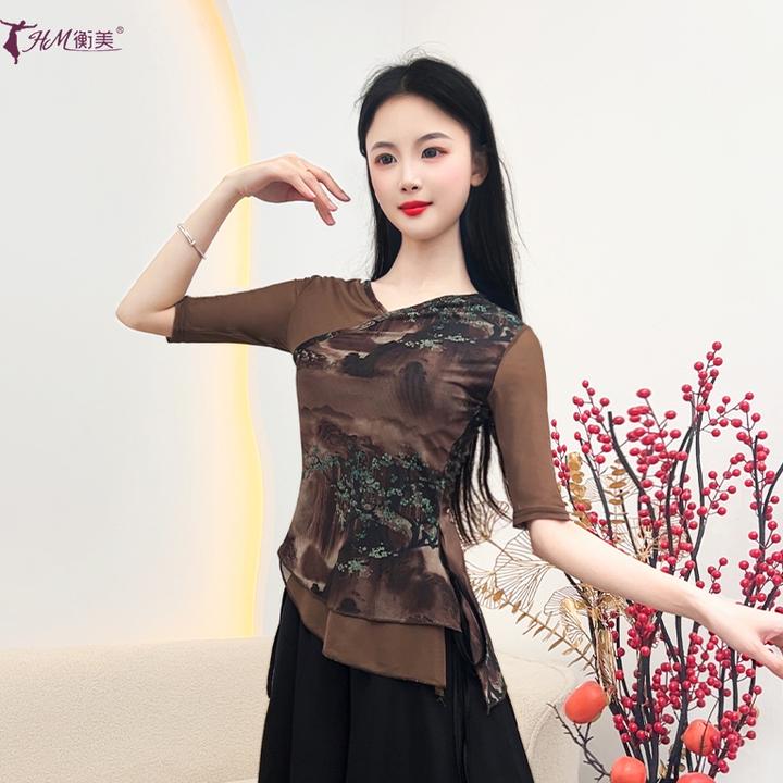夏季新款古典舞练功服不规则拼接上衣女印花圆领中袖现代舞演出服