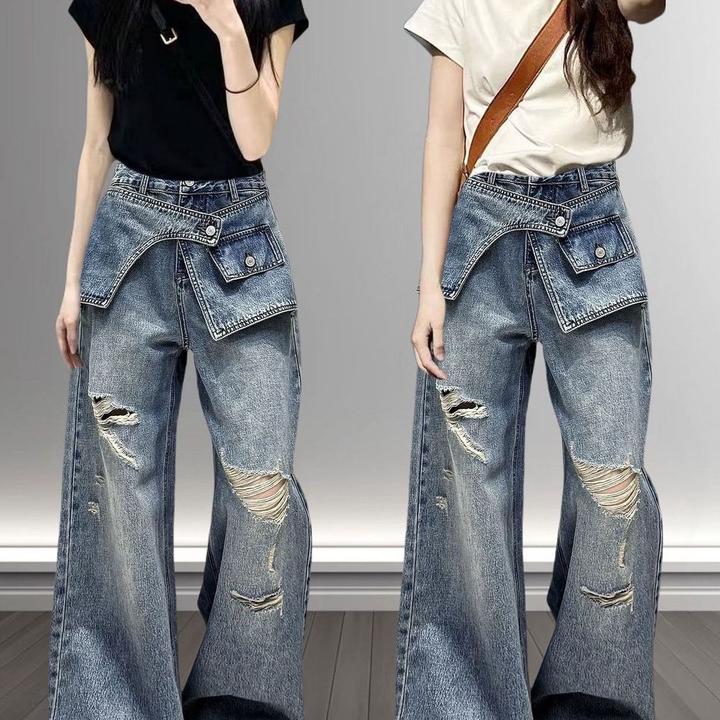 欧货假两件破洞阔腿牛仔裤女秋季前屁帘设计高腰窄版遮肉直筒长裤