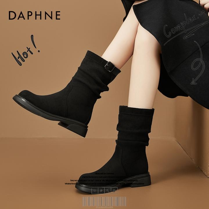 达芙妮网红爆款厚底马丁靴短靴2025秋季复古牛仔靴褶皱女靴瘦瘦靴