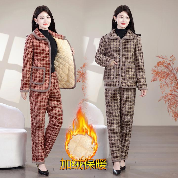 冬季新款洋气时尚百搭加绒加厚妈妈装棉服可外穿套装保暖显瘦