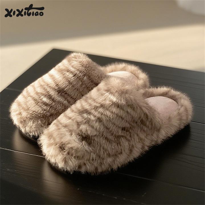 细细条 高级感动物纹银虎斑棉拖鞋女室内家居防滑保暖冬季毛毛鞋