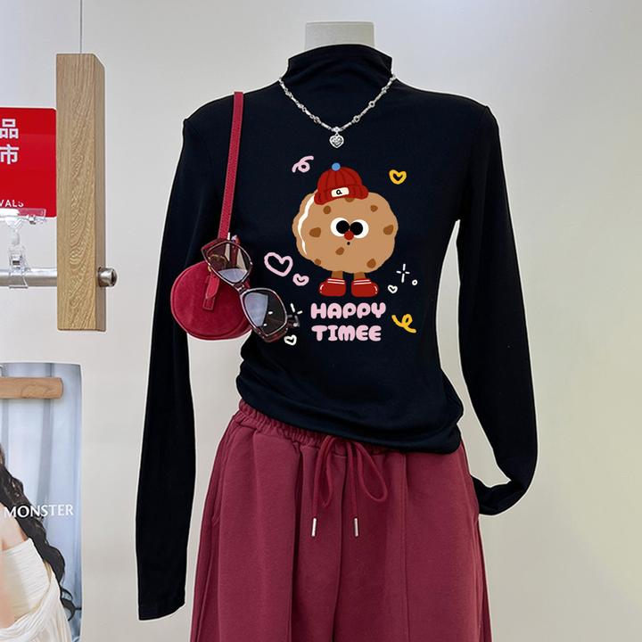 2025冬日新款半高领加绒加厚长袖印花t恤女打底衫修身内搭ins上衣