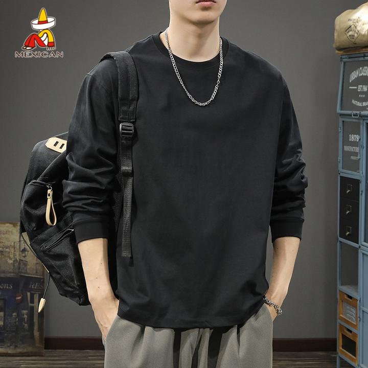 Mexican/稻草人春季重磅纯棉长袖t恤男士宽松大码休闲内搭打底衫