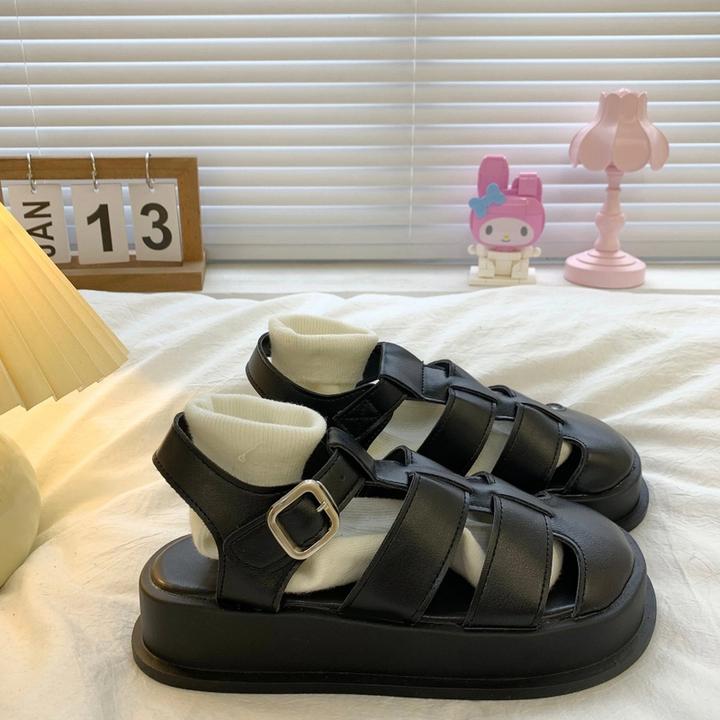 复古休闲厚底罗马凉鞋女2025夏季新款日系百搭小众平底防滑包头鞋