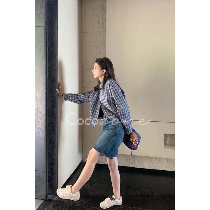 COCO ZONE 刘一一“小蓝格衬”100棉撞色翻领贝壳扣外套CD1A1022
