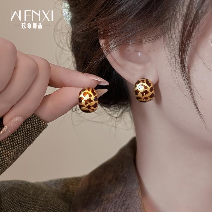 铜合金珐琅耳饰 美拉德豹纹耳环2025新款爆款高级感女士秋冬耳钉