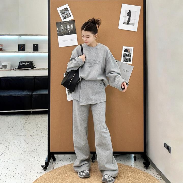 慵懒风灰色时尚服套装女秋冬韩系立体字母印花卫衣屁帘长裤两件套