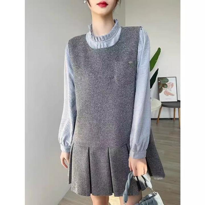 高级感套装女春秋木耳边打底衫内搭上衣毛呢百褶背心裙叠穿两件套