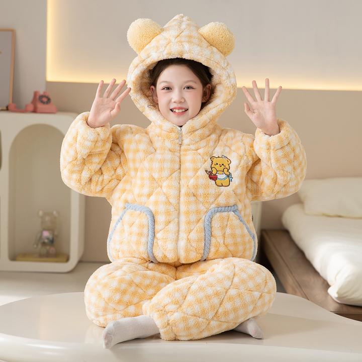 冬季女童睡衣三层夹棉法兰绒套装加绒加厚儿童公主洋气女孩家居服