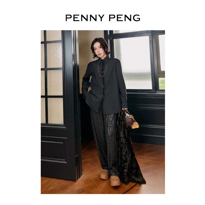 PENNYPENG 乌衣巷 黑标系列黑色翻领衬衫女设计感长袖衬衣知性风