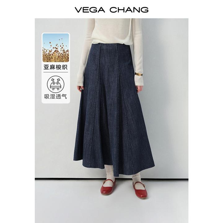 VEGA CHANG亚麻半身裙女2025秋季新款文艺百搭a字牛仔裙0795SQ
