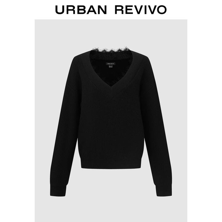 UR2025冬季新款女装时尚气质V领拼接蕾丝针织衫UWM950141