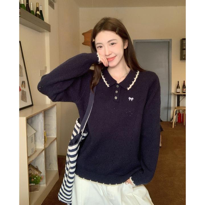 特大码300斤学院风镂空翻领针织衫女宽松休闲长袖内搭毛衣上衣