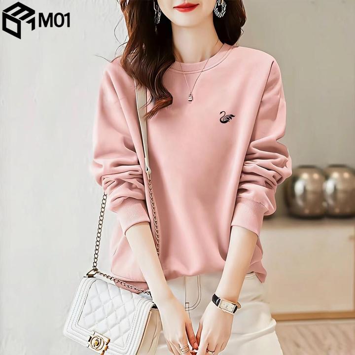 M01宽松粉色印花圆领卫衣女2025年秋季新品长袖套头上衣加绒加厚